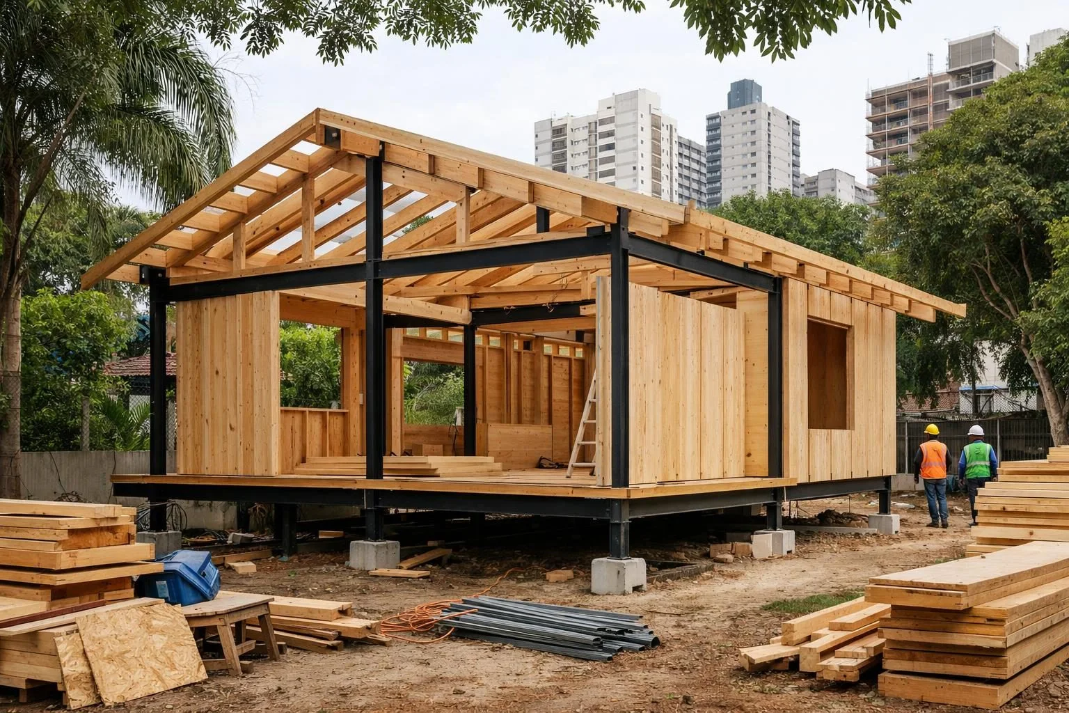 Casa pré-fabricada em Praga combina módulos de madeira e base de aço
